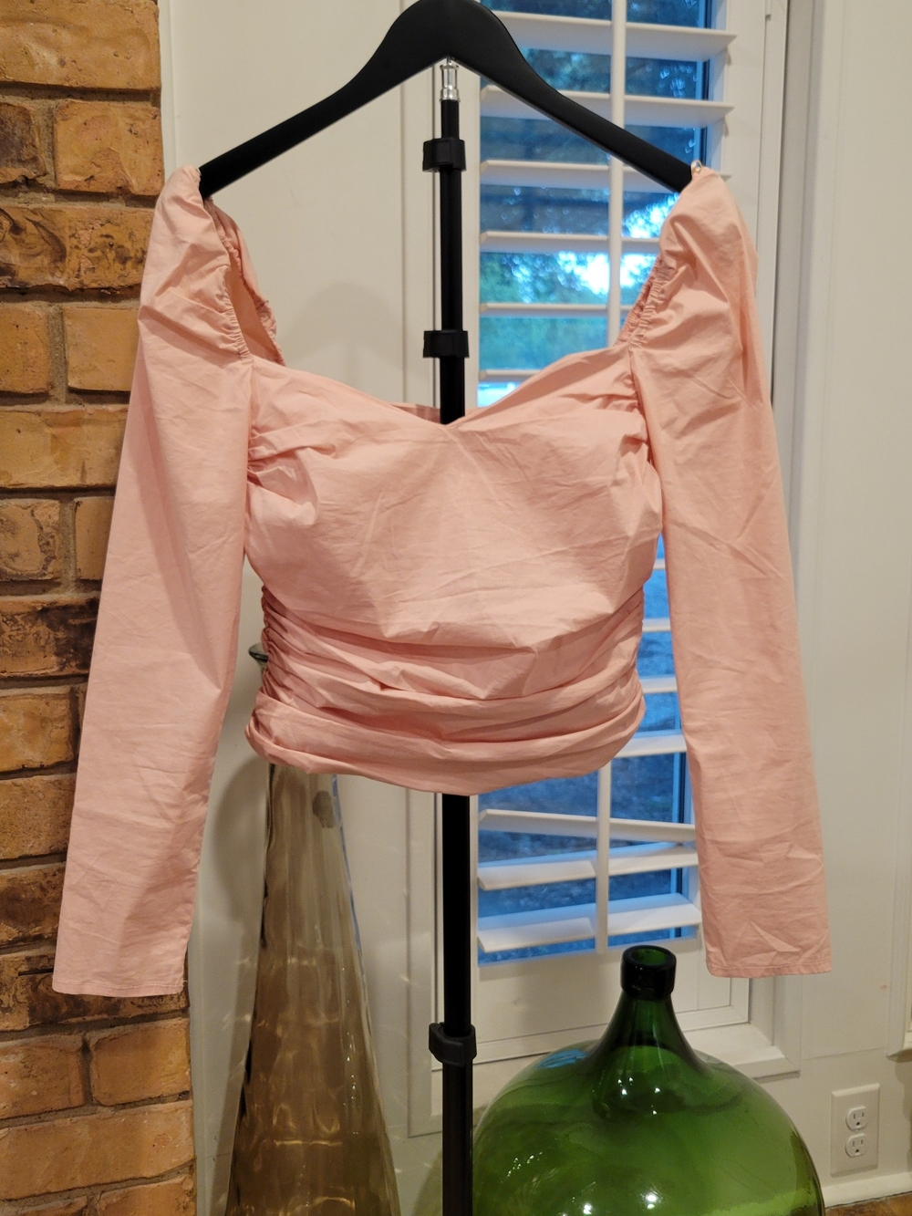 Astr Blush Pink Ruched Long-Sleeve Square Neck Top